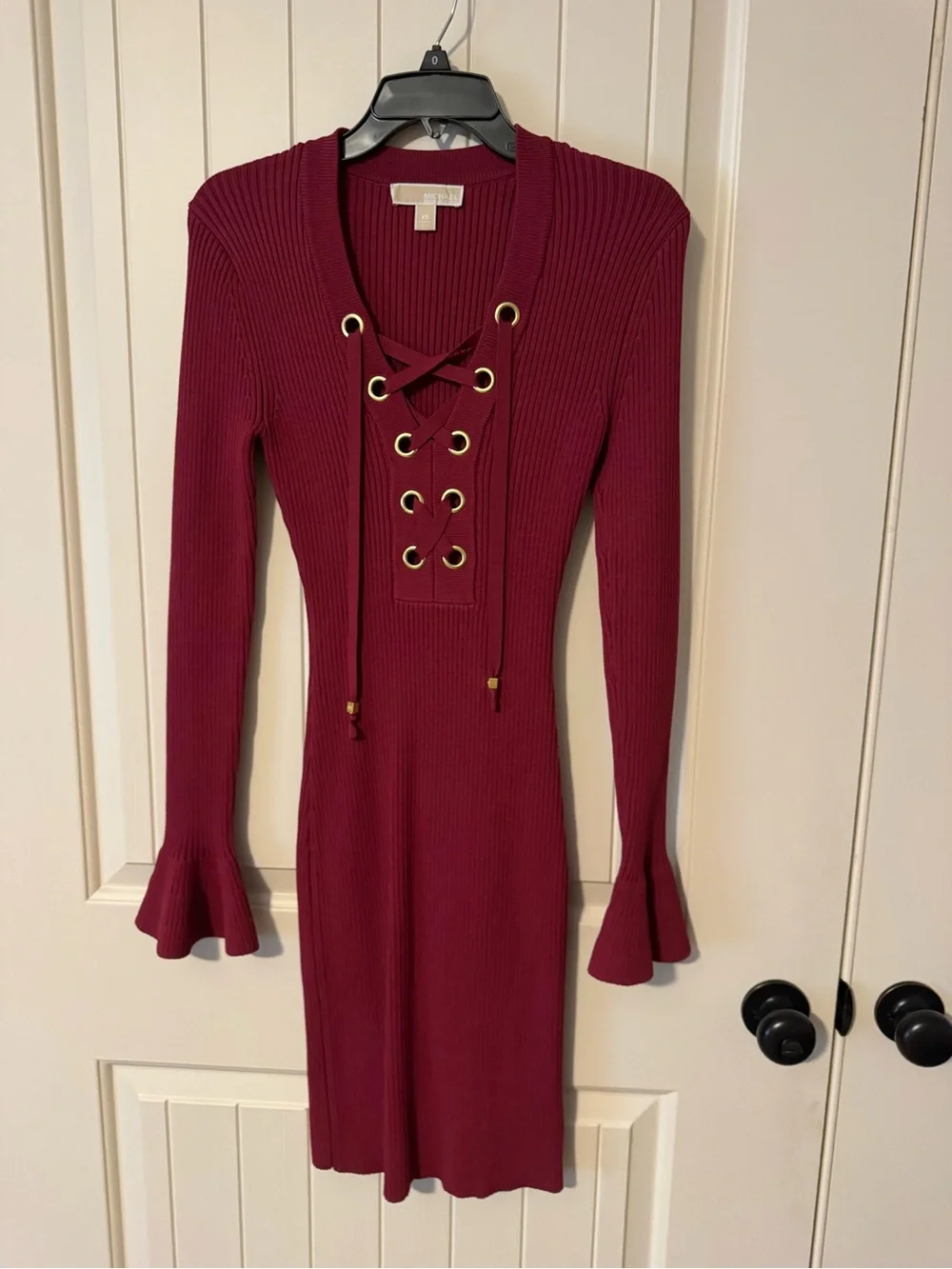 Michael Kors Burgundy Ribbed Lace-Up Long Sleeve Dress